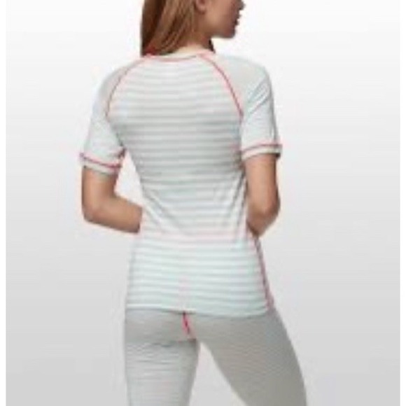 Kari Traa Smale T-Shirt 100% Wool Baselayer Tee Women's L Aqua White Striped - Picture 2 of 11